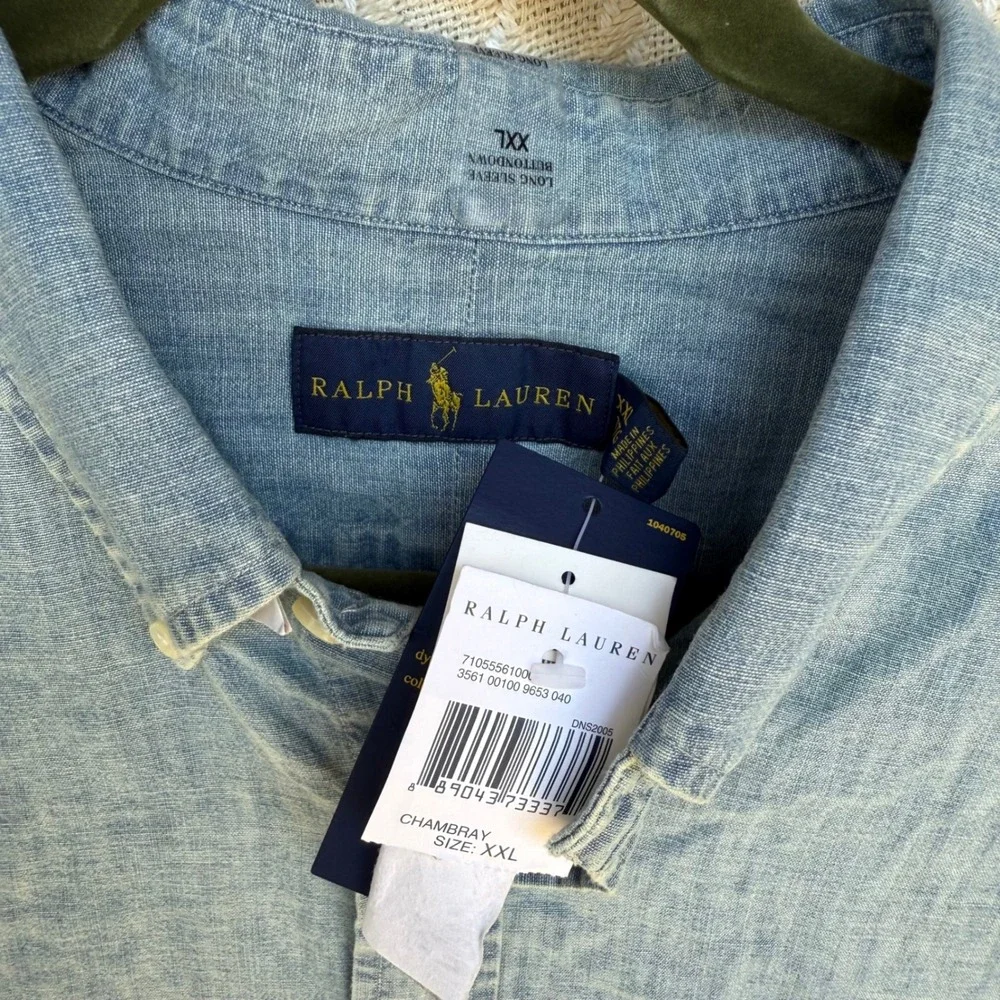 NWT Ralph Lauren Polo Long Sleeve Button Down‎ Shirt Top Blue Chambray Denim XXL